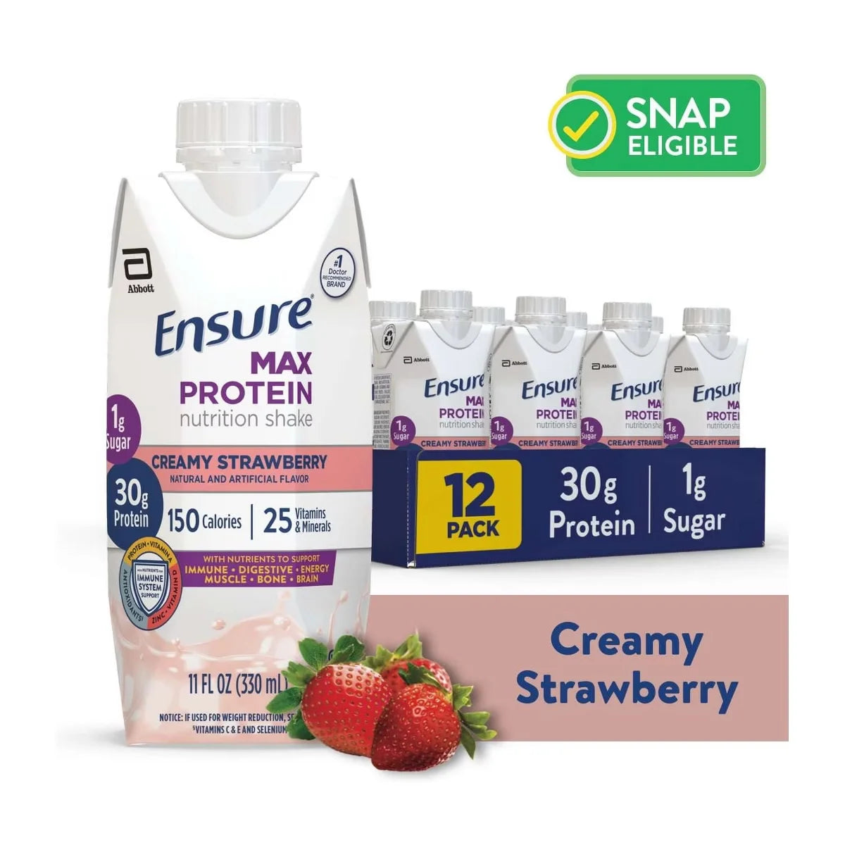 Ensure Max Protein Nutrition Shake Strawberry 11 Oz  High-Protein Nutrition Drink for Muscle Support and Energy in Strawberry Flavor  Case of 12 Main image