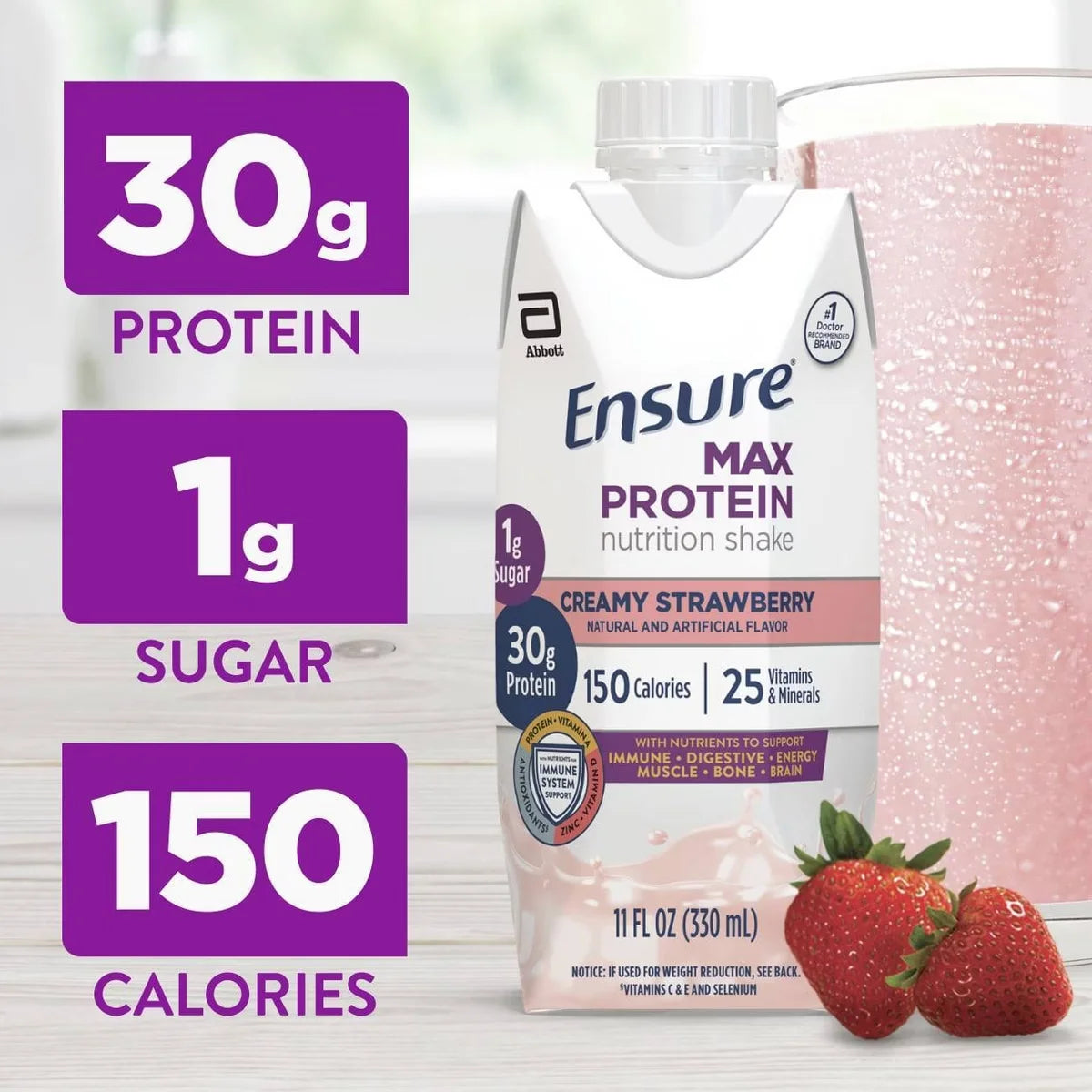Ensure Max Protein Nutrition Shake Creamy Strawberry Non-Caffeinated - 30g Protein - 11 fl oz/4pk