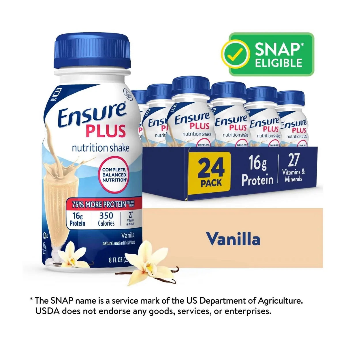 Ensure Plus Nutritional Bottle Vanilla 8 Oz  High-Calorie, Protein-Rich Nutritional Drink for Weight Gain and Muscle Maintenance  Case of 24 Main image