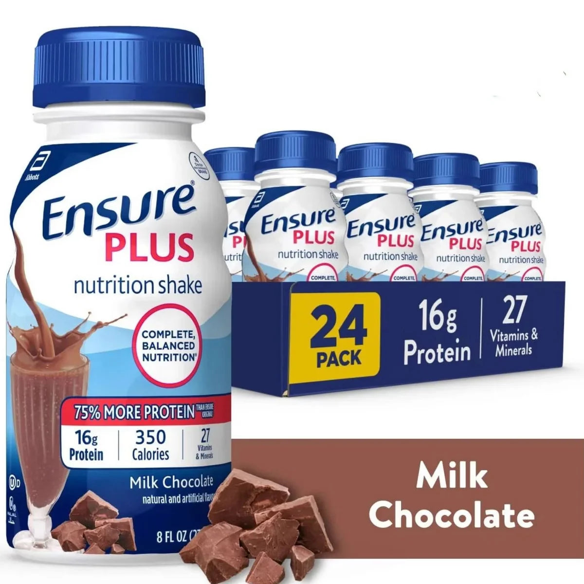 Ensure Plus Meal Replacement Nutrition Shake Bottles, Milk Chocolate, 16g Protein, 8 oz, Case of 24 Main image